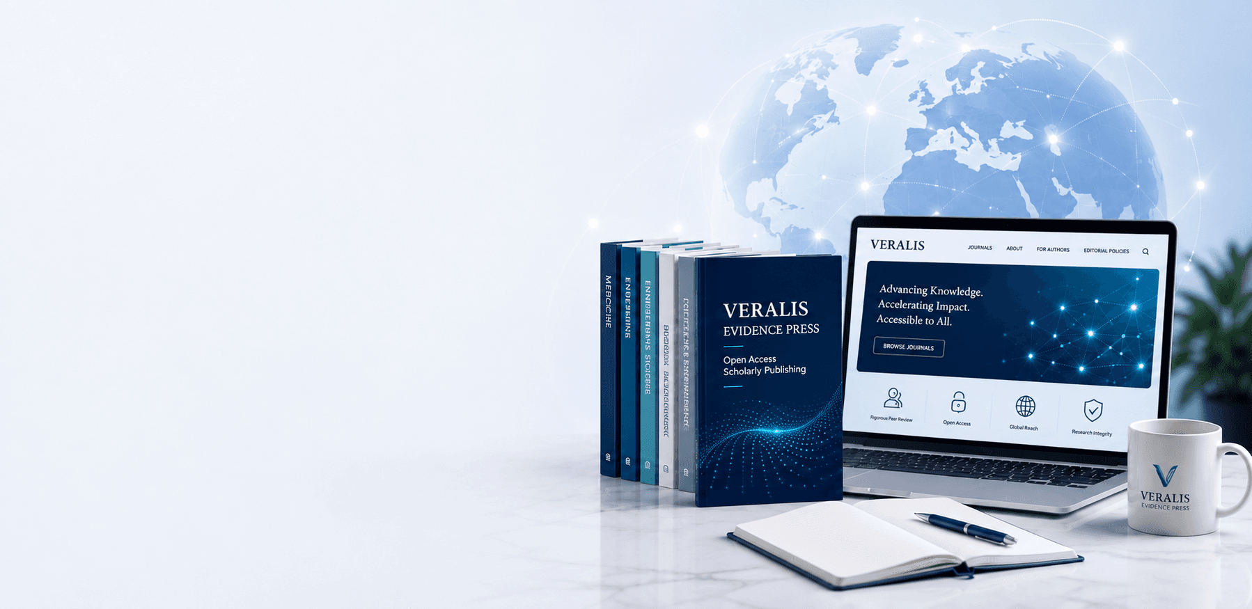 /about A stack of VERALIS journals, a laptop showing the VERALIS website, and a notebook on a desk.