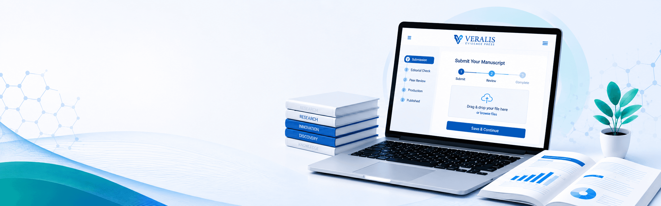/authors A laptop showing the VERALIS manuscript submission wizard, surrounded by icons for manuscript submission, peer review, quality assurance, open access, and global reach.