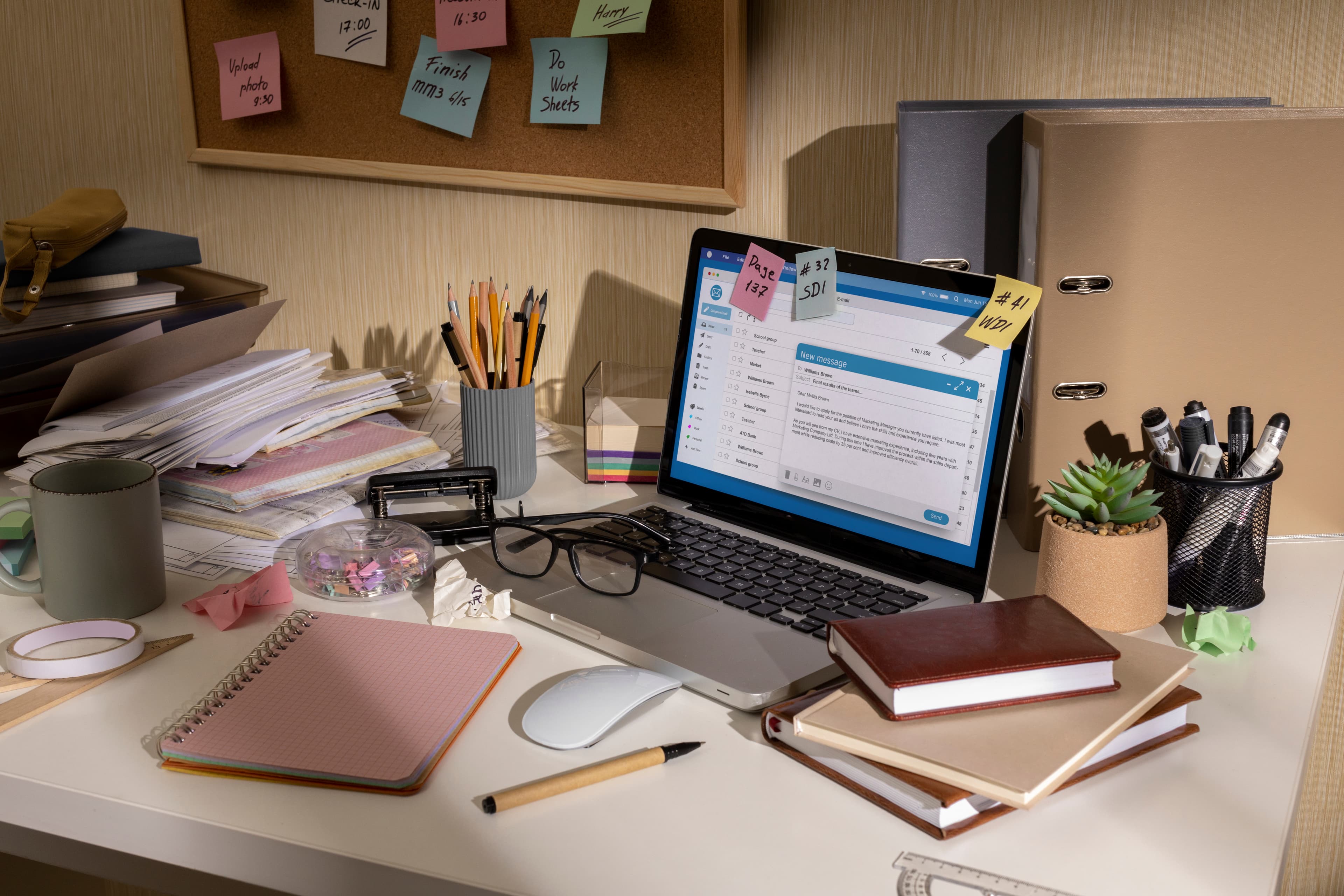 /editors A cluttered editorial desk with a laptop showing an email inbox, notebooks, and reference binders.
